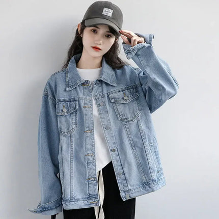Vintage Women Jacket 2024 Autumn Winter Oversize Denim Jackets Washed Blue Jeans Coat Turn-down Collar Outwear Bomber Jacket