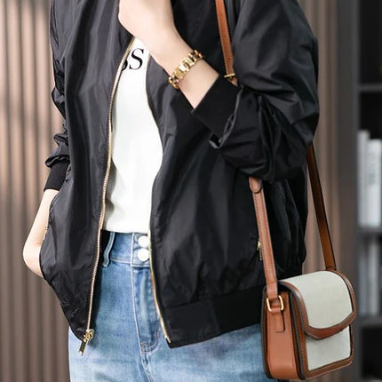 Baseball Aviator Coat Woman Zip-up Black Spring Autumn Plain Bomber Jacket for Women 2025 Trend Fashion High Quality Long Sleeve
