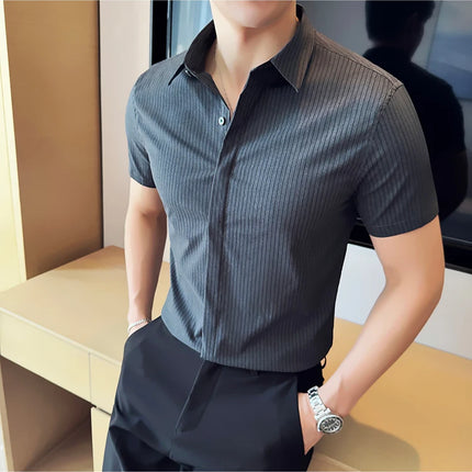 2024 Summer Fashion Vertical Striped Shirts Luxury Men's Hidden Button Short Sleeved Slim Fit Casual Business Shirt Men Clothing