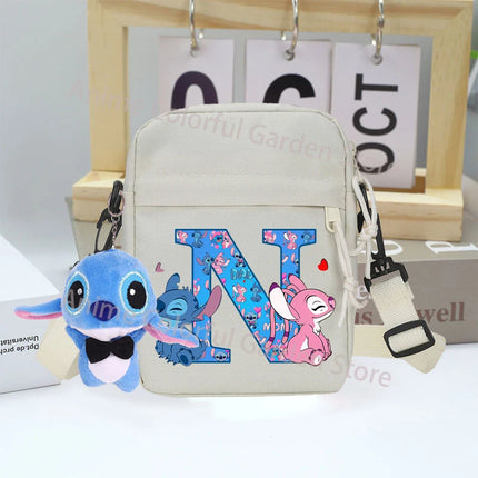 Disney Stitch Canvas Shoulder Bags with Doll Cartoon Letter A-Z Printed Fashion Handbag Multi Pocket Zipper Crossbody Bag Gifts