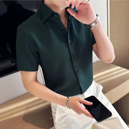 2023 Summer Waffle Short Sleeved Shirt Men Fashion Casual Solid Color Lapel Loose Shirt Male Korean Social Business Dress Blouse