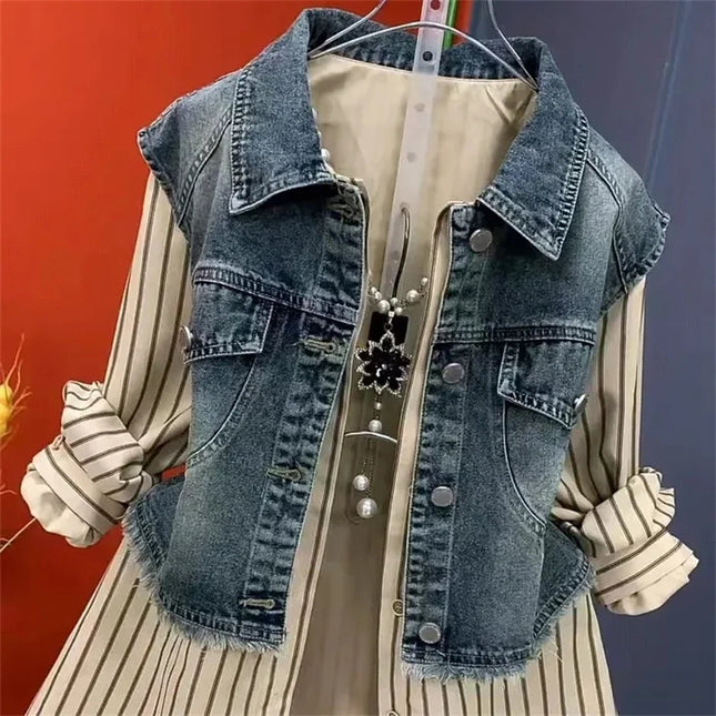 Fashion Design Sense Striped Denim Jackets Shirt Women's Spring Summer 2025 New cowboy Splicing Fake Two Pieces Shirt Coat Top W