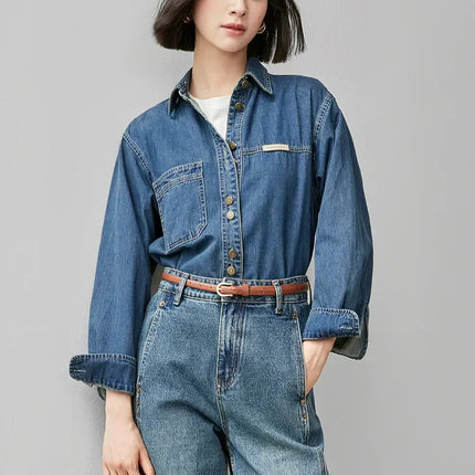 SENTUBILA 100% Cotton Washed Denim Jacket for Women 2025 Spring Retro Loose Patchwork Pockets Leather Logo Coat W43C56148