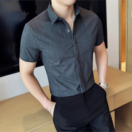 2024 Summer Fashion Vertical Striped Shirts Luxury Men's Hidden Button Short Sleeved Slim Fit Casual Business Shirt Men Clothing
