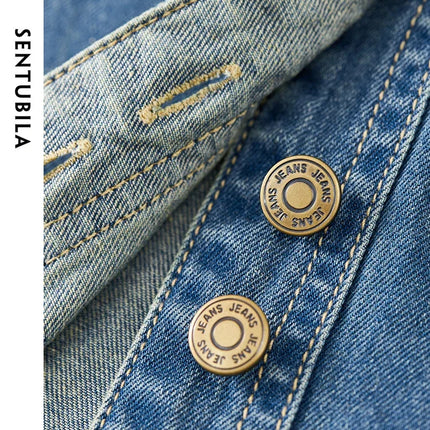 SENTUBILA 100% Cotton Washed Denim Jacket for Women 2025 Spring Retro Loose Patchwork Pockets Leather Logo Coat W43C56148