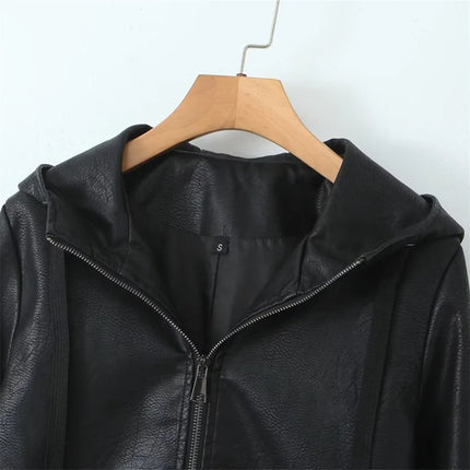 Autumn 2024 new women's fashion casual Joker temperament commuting slim zipper hooded leather jacket.