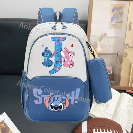 Disney Stitch Large Capacity Backpack with Pencil Bag Cartoon Letter A-Z Printed Fashion Schoolbag Book Stationery Storage Bags