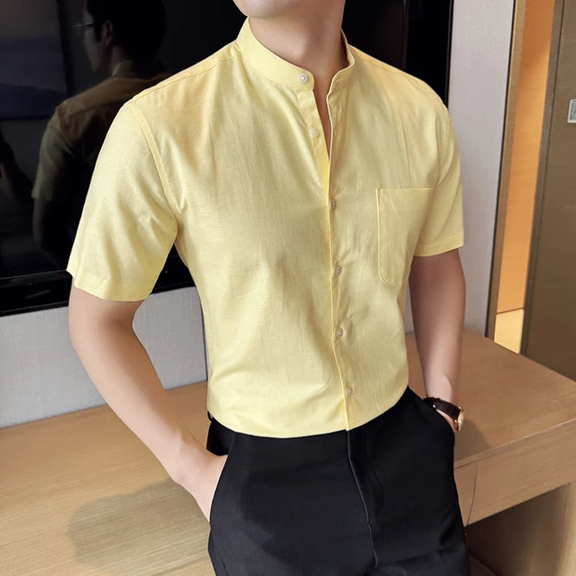 Summer New Chinese Style Linen Cotton Shirts Men's Standing Collar Short Sleeved Thin Breathable Shirt Tops Streetwear 4XL-M