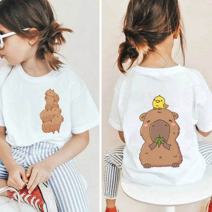 Kawaii Capybara Lovers Kids T-Shirt Short-Sleeved White T-Shirts Cartoon Tees Summer Children Top Crew Neck Children's Clothing