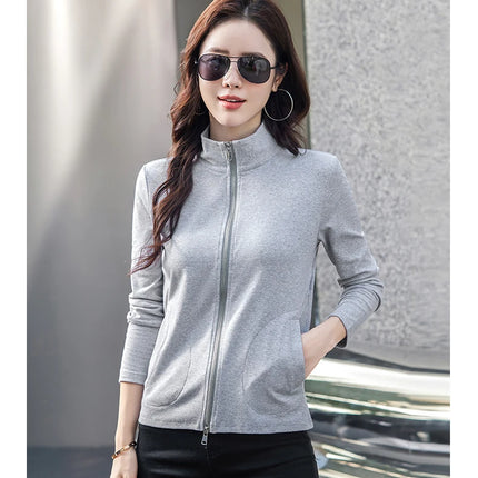 New Women's Zippered Stand Collar Jacket Slim Fit Long Sleeve Cotton Solid Color Casual Outerwear