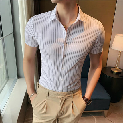 High Quality Ice Silk Traceless Striped Shirt Men's Summer Short Sleeve Slim Casual Business Shirts Tuxedo Men Clothing 4XL-M