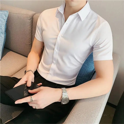 Summer Men Fashion Casual Short Sleeve Solid Shirt Super Slim Fit Male Social Business Dress Shirt Brand Men Casual Dress Blouse