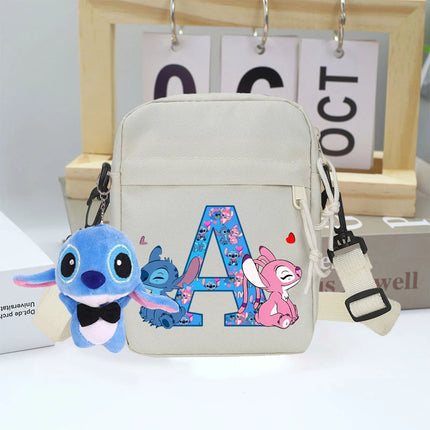Disney Stitch Canvas Shoulder Bags with Doll Cartoon Letter A-Z Printed Fashion Handbag Multi Pocket Zipper Crossbody Bag Gifts