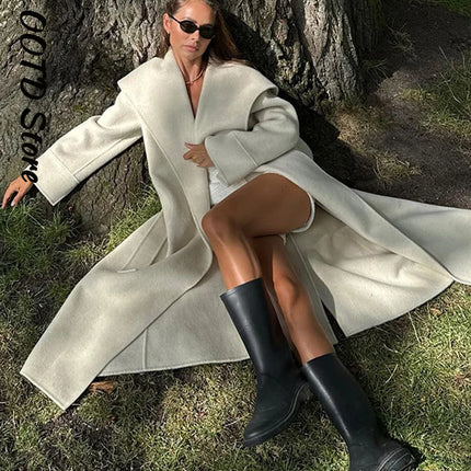 Elegant Shawl Collar Lace Up Long Woolen Coat Women Full Sleeve Belt Lapel Thick Overcoat 2025 Autumn Winter Lady Chic Outwear