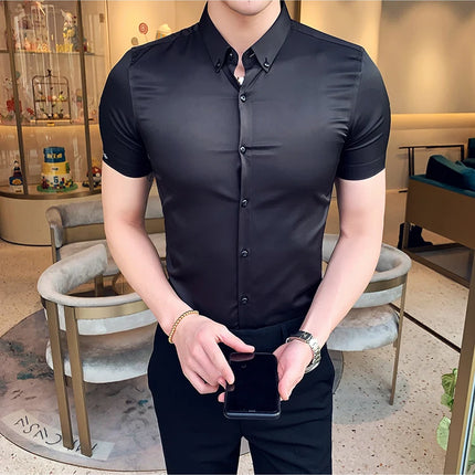 Neckline Embroidery Shirts Men Summer Short Sleeve Slim Fit Casual Shirt Men Solid Color Business Party Dress Shirt Streetwear