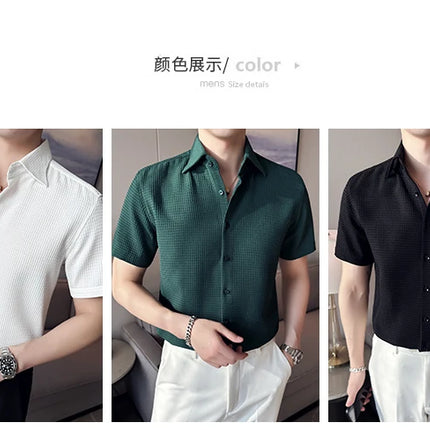 2023 Summer Waffle Short Sleeved Shirt Men Fashion Casual Solid Color Lapel Loose Shirt Male Korean Social Business Dress Blouse