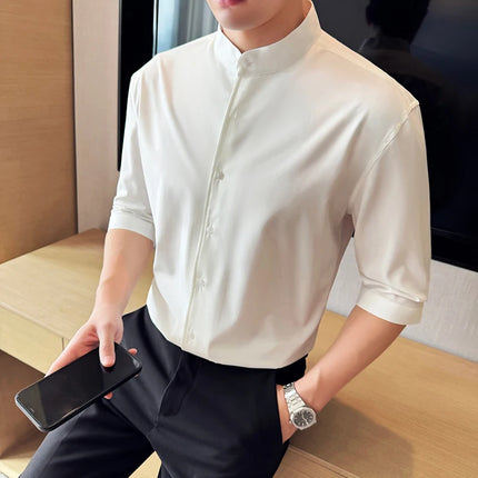 High Quality Chinese Style Stand Up Neck Shirt Men's Summer Mid Sleeved Slim Fit Casual Social Business Blouse Homme 4XL-M
