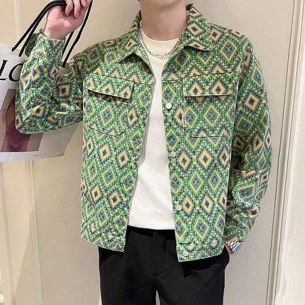 Men's Printed Denim Jacket in Red, Single Breasted Square Collar Coat, White Blue Trim, Asian Size M-4XL