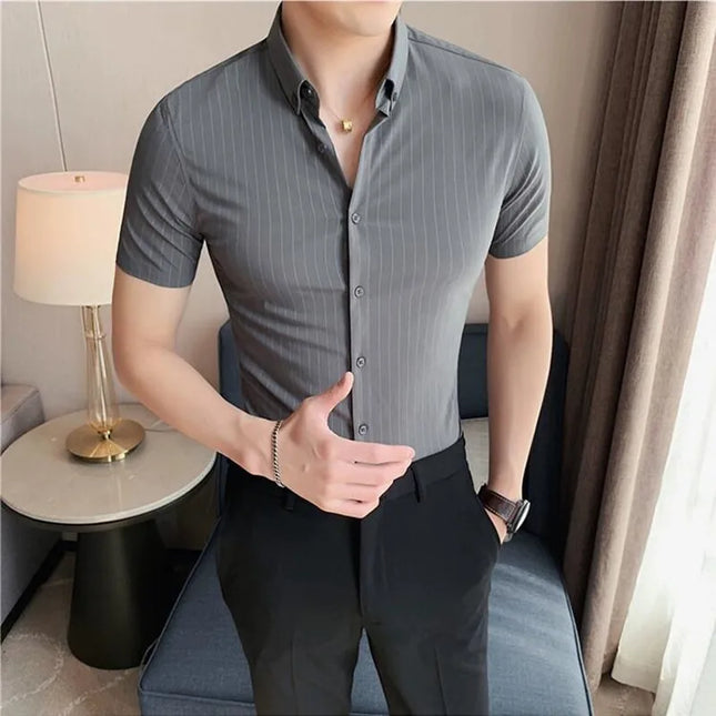 High Quality Pinstripe Casual Shirts  For Men 2024 Summer Slim Fit Business Social Elastic Social Party Shirt Plus Size 4XL-M
