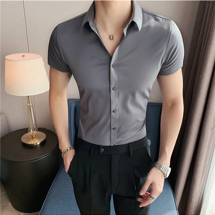 New Summer Men's Short Sleeve Shirt Fashion Business Slim Solid Color Shirt Formal Social Party Casual Dress Men's Clothing 7XL
