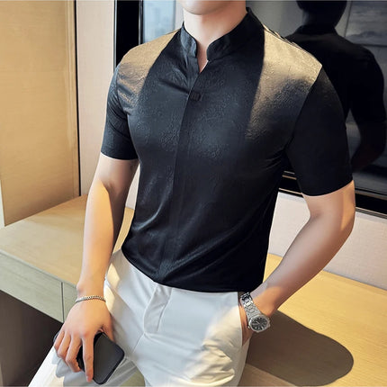 New Chinese Style Stand-up Collar Seamless Polo Shirts Summer Fashion Jacquard Short Sleeve Slim Elasticity Breathable T-shirt