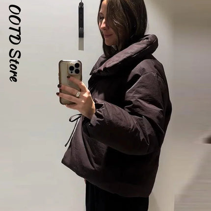 Fashion Lace Up Brown Cotton Jacket Women Loose Stand Collar Full Sleeve Thick Coat 2025 Autumn Winter Lady Warm Street Outwear