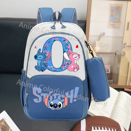 Disney Stitch Large Capacity Backpack with Pencil Bag Cartoon Letter A-Z Printed Fashion Schoolbag Book Stationery Storage Bags
