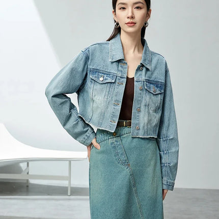 SENTUBILA 100% Cotton Washed Denim Jackets for Women 2025 Spring Casual Loose Turn Down Collar Fashion Short Jacket W41W54341