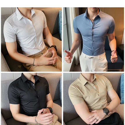 High Quality Ice Silk Traceless Striped Shirt Men's Summer Short Sleeve Slim Casual Business Shirts Tuxedo Men Clothing 4XL-M