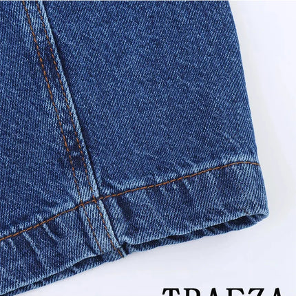 TRAFZA Vintage Casual Chic Women Cowboy Suit Zipper Loose Jackets Long Pockets Pants Fashion 2025 Spring Summer Denim Suits