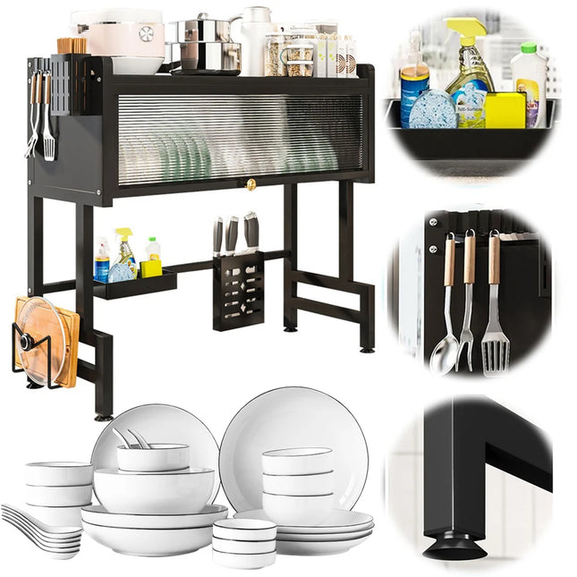 Home Kitchen Storage Cabinet Steel Over The Sink Dish Drying Rack Utensil Cup Holder Large Over The Sink Dish Rack with Cover