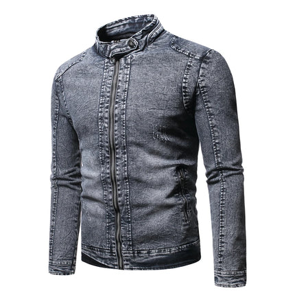 Blue Standing Collar Denim Jacket Men's, Fashion Casual Jacket, Black Gray Overcoat Male Outerwear M L XL XXL XXXL