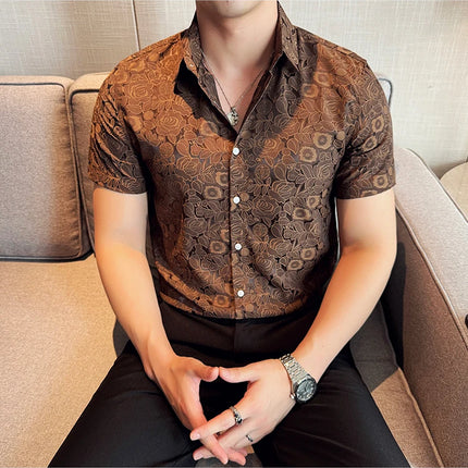 2025 Summer New Flower Shirts Men Short Sleeve Retro Casual Shirts Fashion Versatile Business Slim Social Party Tuxedo Blouse