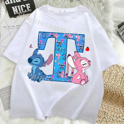 Disney Stitch T-shirts for Women Men Anime Letter A-Z Printed Short Sleeved Shirt Female Male Summer Fashion Top Adults Clothes