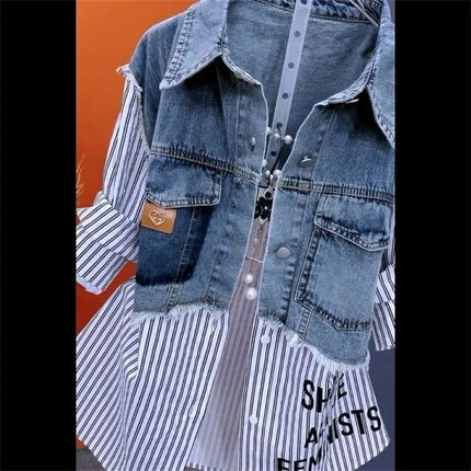 Women Denim Jacket Fake Two Denim Shirts 2025 New Spring Summer Autumn Casual Fashion Joker Stitching Striped Tops Coat Female
