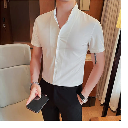 Men's Summer Fashion Stand Collar Business Casual Short Sleeve Shirt Luxury Slim Fit Solid Dress Shirt Brand Men Clothes 5XL-M