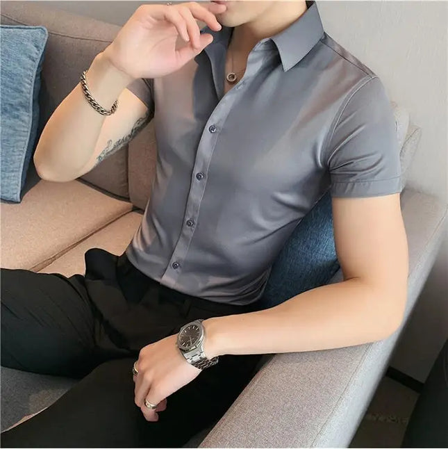 Summer Men Fashion Casual Short Sleeve Solid Shirt Super Slim Fit Male Social Business Dress Shirt Brand Men Casual Dress Blouse