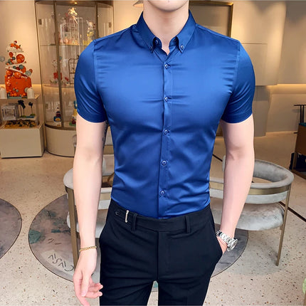Neckline Embroidery Shirts Men Summer Short Sleeve Slim Fit Casual Shirt Men Solid Color Business Party Dress Shirt Streetwear