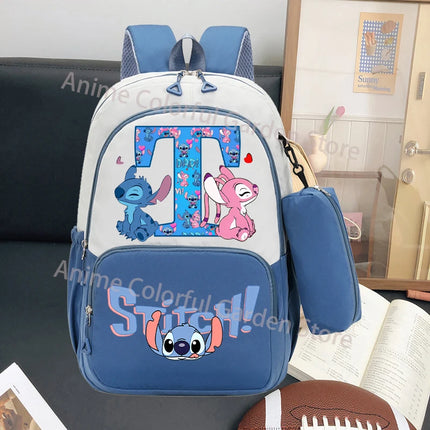 Disney Stitch Large Capacity Backpack with Pencil Bag Cartoon Letter A-Z Printed Fashion Schoolbag Book Stationery Storage Bags