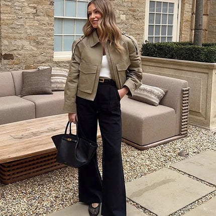Vintage Women's Short Jacket Pockets Zipper Full Sleeve Khaki Green Thick Coats 2025 Spring Autumn Lady Loose Street Outwear