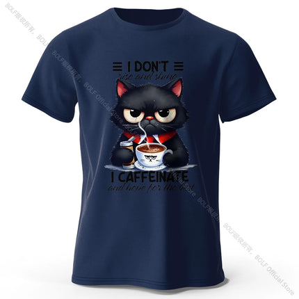Coffee Loving Cat Print 100% Cotton T-Shirt, Soft & Breathable Round Neck Short Sleeve Tee, Unisex Fun & Quirky Style