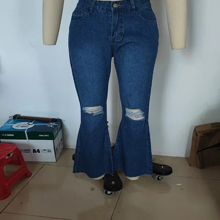 Women's Spring and Fall New Fashion Casual Ripped High-waisted Slightly Flared Pants Jeans Slim-fit Wash Jeans Long Pants Y2k