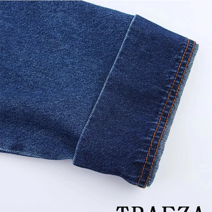 TRAFZA Vintage Casual Chic Women Cowboy Suit Zipper Loose Jackets Long Pockets Pants Fashion 2025 Spring Summer Denim Suits