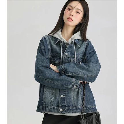 Women Retro Washed Denim Jacket Spring 2025 Oversized Drop Shoulder Loose Fit Casual Fashionable Lapel Collar Chic Jean Coat
