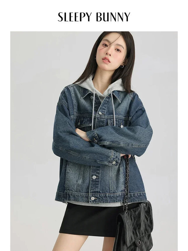 Women Retro Washed Denim Jacket Spring 2025 Oversized Drop Shoulder Loose Fit Casual Fashionable Lapel Collar Chic Jean Coat