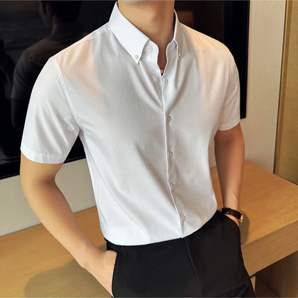 Plus Size 4XL-M High Quality Bamboo Fiber Fabric Dark Stripes Shirts Men Summer Slim Fit Casual Thin Breathable Social Shirt