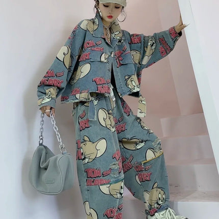 Korean Fashion Cartoon Printed Denim Jacket, Loose Fit Plus Size Short Cardigan Trend, Women's 2025 Autumn New Style