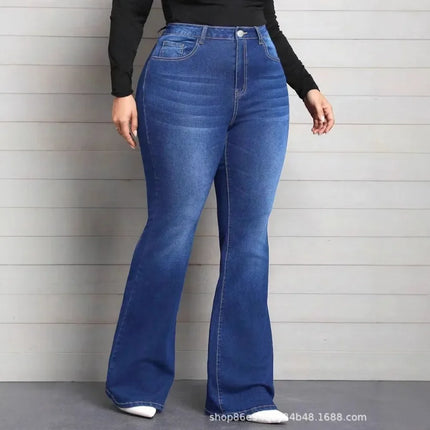 Blue Classic Fashion Flare Pants Comfort Micro Stretch Mid Waist Jeans Women Plus Size Trousers Casual Elastic Gym Sports Pant