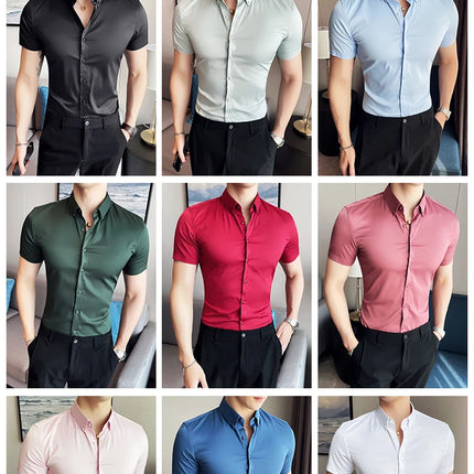 2025 Summer Solid Slim Fit Shirt High Quality Men Business Casual Short Sleeved Social Party Shirts Men Clothing Plus Size 5XL-M