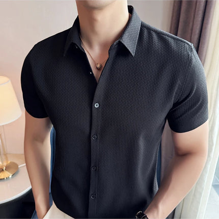 2024 Summer Waffle Shirt Luxury Men's Slim Fit Casual Short Sleeved Business Versatile Dress Shirt Men Clothing Plus Size 4XL-M